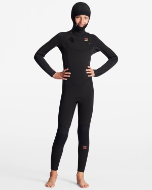 Girls' Billabong 5/4 Synergy Chest Zip Hooded Full Wetsuit Black | 241JSVBZR