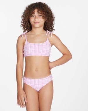 Girls' Billabong Checkin The Waves Tie Trilet Set Swimwear Purple | 576ZQTKFO