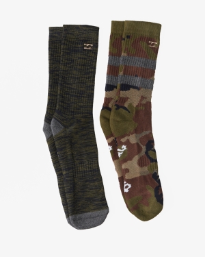 Men's Billabong 2-Pack Camo Crew Socks Green | 973HPZOJQ