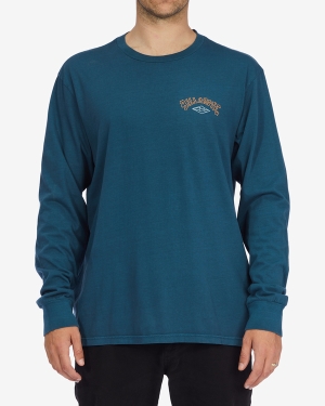 Men's Billabong Arch Wave Washed Long Sleeve T Shirts Navy | 347ZXOSBV