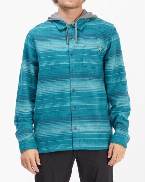 Men's Billabong Baja Cali Hooded Flannel Shirts Deep Turquoise | 930DBHXWQ