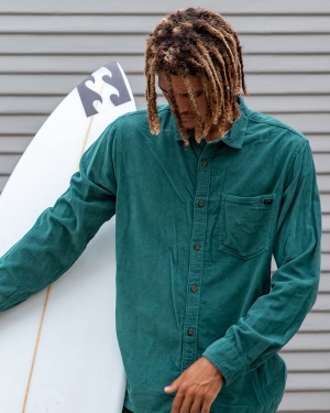 Men's Billabong Bowie Long Sleeve Corduroy Shirts Grey Green | 731DSJRIE