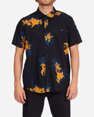 Men's Billabong Sundays Floral Short Sleeve Shirts Black | 518ESKQYT