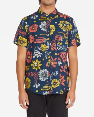 Men's Billabong Sundays Floral Short Sleeve Shirts Blue | 826FCUOJD