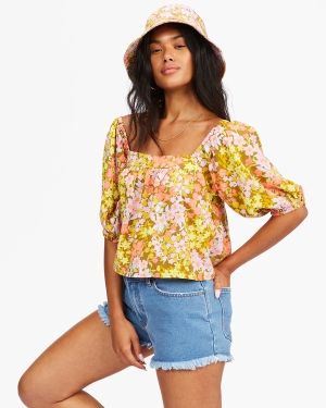 Women's Billabong Beach Daze Puff Sleeve Crop Tops Multicolor | 364TMYRJU