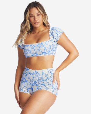 Women's Billabong Beyond The Blue Puff Sleeve Crop Bikini Tops Light Blue | 138ORUANK