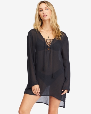 Women's Billabong Blue Skies Gauze Beach Cover-Up Cover Ups Black | 195DGMTQS