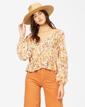 Women's Billabong Catching Feelings V-Neck Long Sleeve Tops Multicolor | 504DYJVLU