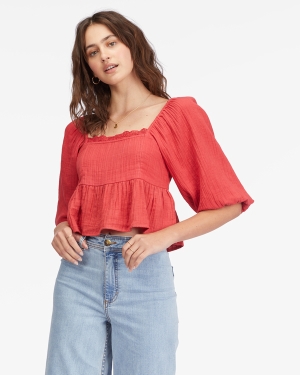 Women's Billabong Cross My Heart Puff Sleeve Crop Tops Multicolor | 956MTEGBI