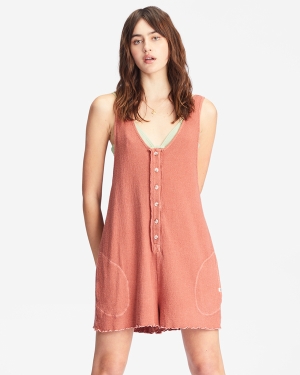 Women's Billabong Fade Away Button-Up Knit Romper Cover Ups Chocolate | 726YGUTJO