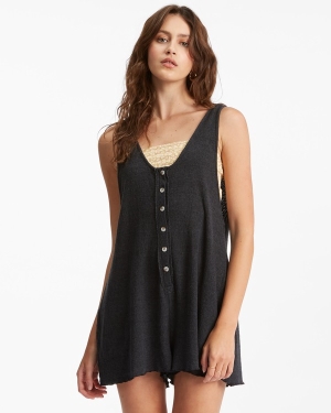 Women's Billabong Fade Away Button-Up Knit Romper Cover Ups Black | 825NIUCVF