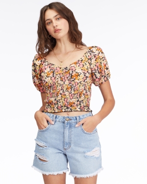 Women's Billabong Get Along Puff Sleeve Tops Black Multicolor | 879QIPJUX