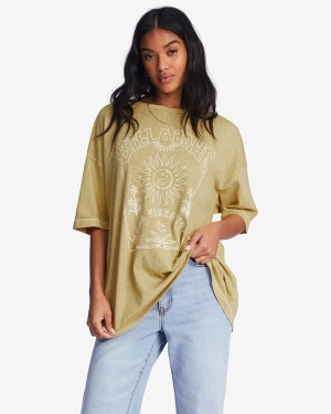 Women's Billabong Good Vibes Oversized Graphic Boyfriend T Shirts Green | 709TLWARO