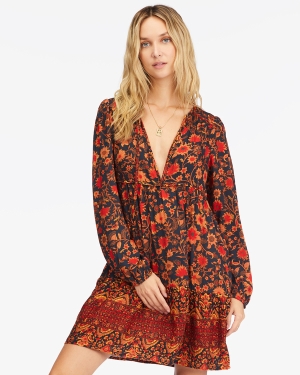 Women's Billabong Hearts Desire Long Sleeve Mini Dress Black Multicolor | 410PEUOIJ