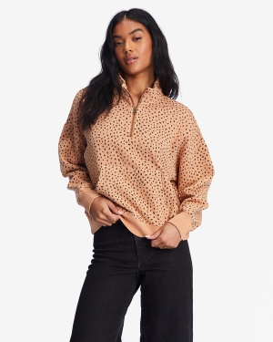 Women's Billabong Lazy Mornings Half-Zip Pullover Sweatshirt Brown | 421VNOZFE