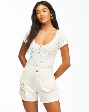 Women's Billabong Little Buttons Henley Tops Blue | 736VBFQTW