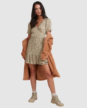Women's Billabong Little River Wrap Mini Dress Olive | 584MRHVQT