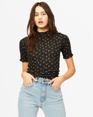 Women's Billabong Little Things Mock Neck Tops Black | 640TMPKCO