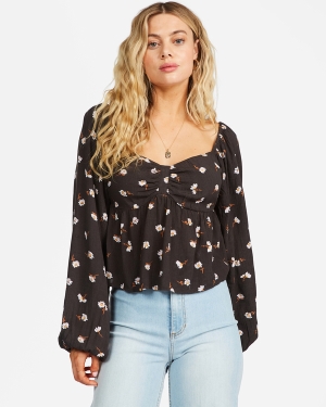 Women's Billabong Love You More Long Sleeve Sweetheart Blouse Black | 093LCMGZY