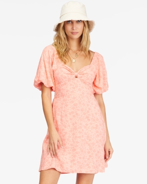 Women's Billabong Loving Life Puff Sleeve Mini Dress Coral | 085LBSTQA