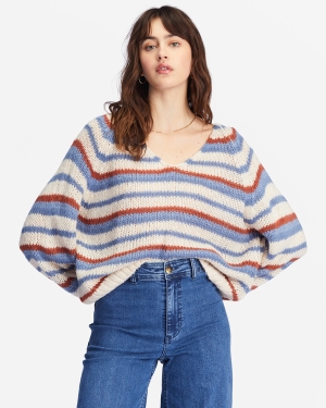 Women's Billabong No Brainer V-Neck Pullover Sweaters Indigo | 528QKWRFC