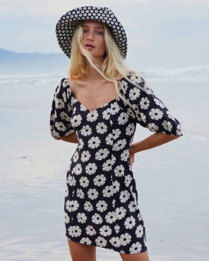Women's Billabong Paradise Puff-Sleeve Floral Mini Dress Black | 827JVDAZW