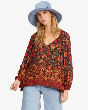 Women's Billabong Peace & Love Long Sleeve Blouse Black Multicolor | 195DLMOKA