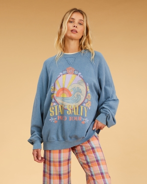 Women's Billabong Salty Blonde Coastal Crew Oversized Crewneck Sweatshirt Blue | 582QRNGHT