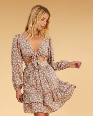 Women's Billabong Salty Blonde Ditsy Dreamer Long Sleeve Mini Dress Multicolor | 648HJZMQE