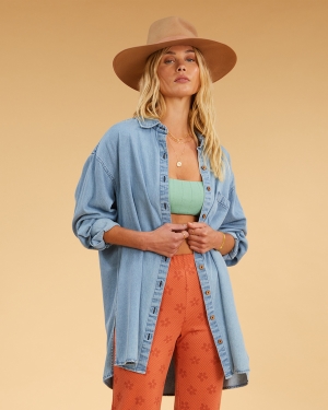 Women's Billabong Salty Blonde In The Tide Long Sleeve Denim Shirts Blue | 201KQPDLF