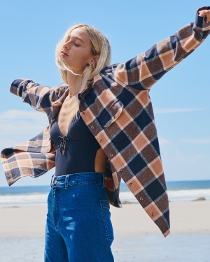 Women's Billabong So Stoked Oversized Button-Down Flannel Shirts Brown / Brown | 405GJMVZF