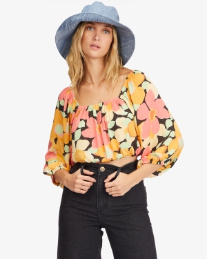 Women's Billabong Sun City 2 Puff Sleeve Crop Tops Multicolor | 150SBYEHJ