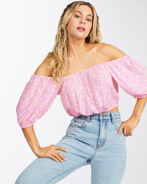 Women's Billabong Sun City Off-The-Shoulder Crop Tops Pink | 062JAHCIX