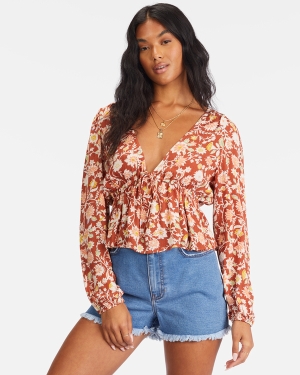 Women's Billabong Time Goes By Long Sleeve Crop Tops Red | 173AMLFZJ