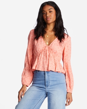 Women's Billabong Time Goes By Long Sleeve Crop Tops Coral | 589VSCION