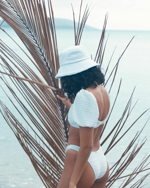 Women's Billabong Wave Check Puff Sleeve Bikini Tops White | 497GHZRQW