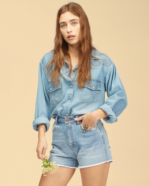 Women's Billabong Wrangler Showdown Denim Short Shorts Blue | 781MYOPUF