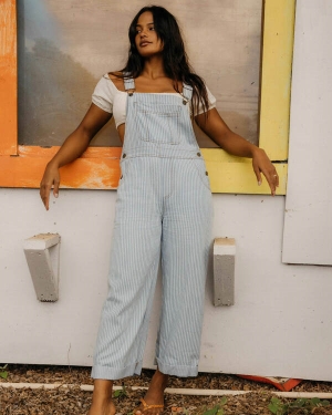 Women's Billabong Wrangler Welled Denim Overalls Pants Blue | 634LIZJOE